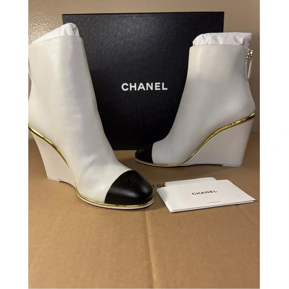 NWT CHANEL white black and gold wedge booties